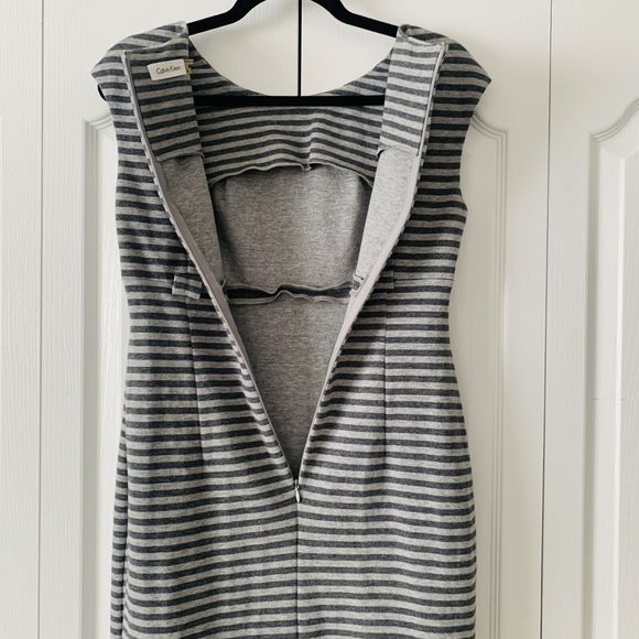 Calvin Klein Dress Womens 4 Sheath Cap Sleeve Bateau Neck Knit Gray Stripe Work - Picture 5 of 10